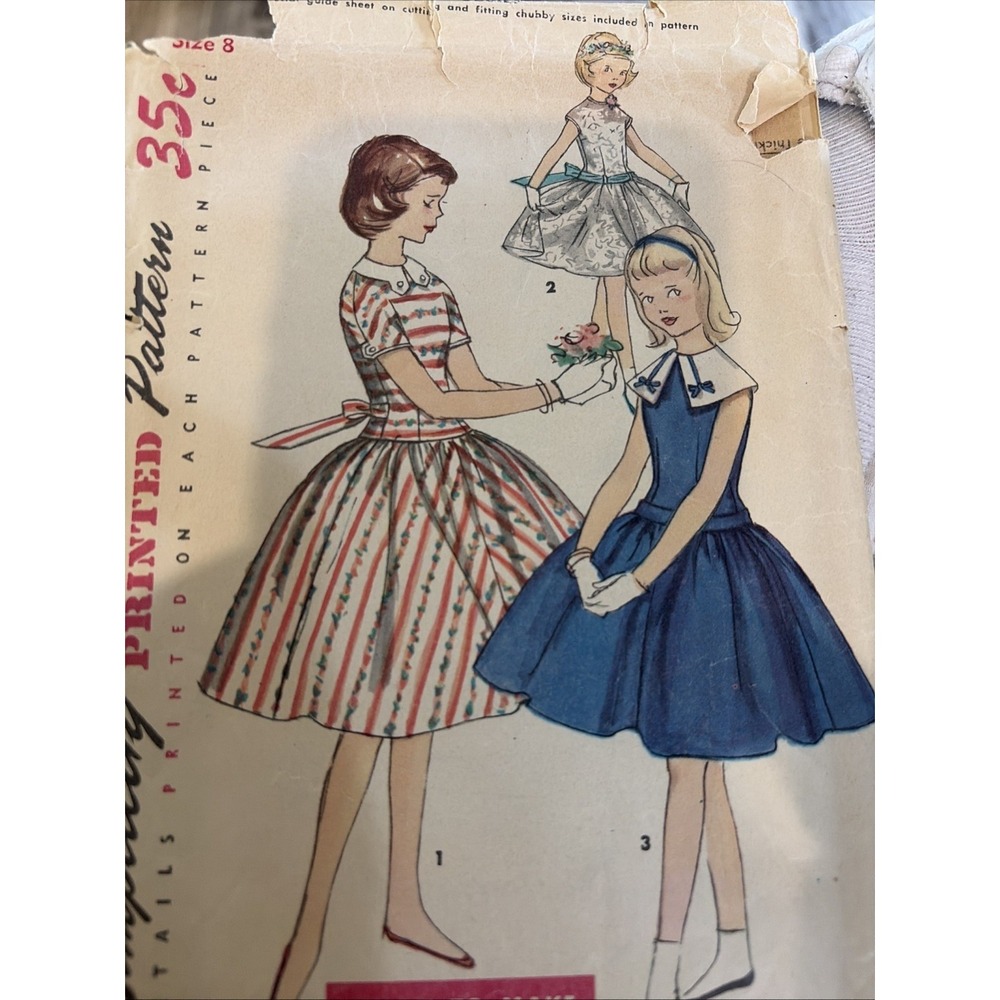 Vintage 50’s Simplicity Girls Dress Sewing Pattern 1497 Size 8 Cut Complete